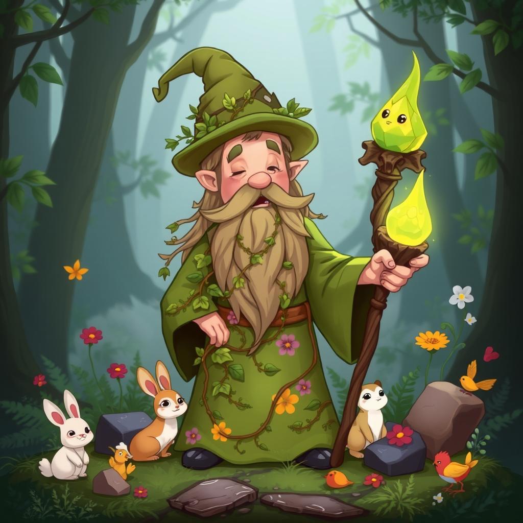 A whimsical cartoon character of an earth wizard, featuring a lush green robe adorned with nature motifs like leaves and flowers