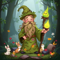 A whimsical cartoon character of an earth wizard, featuring a lush green robe adorned with nature motifs like leaves and flowers