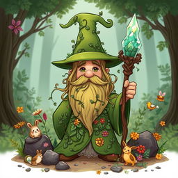 A whimsical cartoon character of an earth wizard, featuring a lush green robe adorned with nature motifs like leaves and flowers