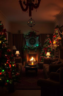 A beautifully decorated living room for Christmas, adorned with festive red and green decorations such as ornaments and lights