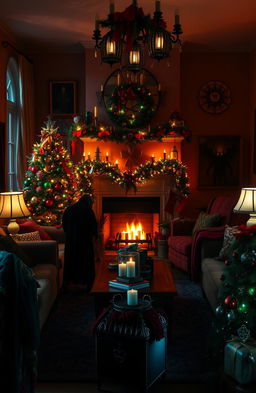 A beautifully decorated living room for Christmas, adorned with festive red and green decorations such as ornaments and lights