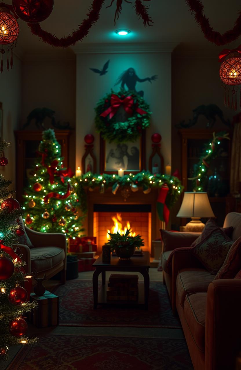 A beautifully decorated living room for Christmas, adorned with festive red and green decorations such as ornaments and lights