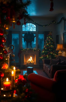 A beautifully decorated living room for Christmas, adorned with festive red and green decorations such as ornaments and lights