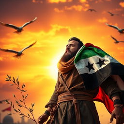 A young Syrian Shiite man passionately leading a movement for the liberation of his country, standing strong against a vibrant sunset backdrop, wearing traditional Syrian clothing with a flag draped around his shoulders