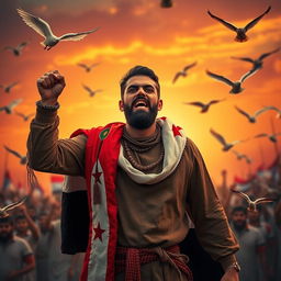 A young Syrian Shiite man passionately leading a movement for the liberation of his country, standing strong against a vibrant sunset backdrop, wearing traditional Syrian clothing with a flag draped around his shoulders