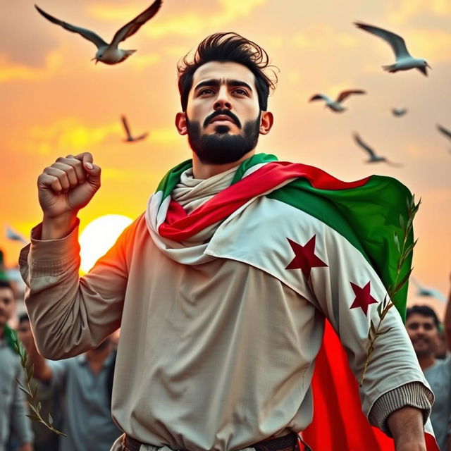 A young Syrian Shiite man passionately leading a movement for the liberation of his country, standing strong against a vibrant sunset backdrop, wearing traditional Syrian clothing with a flag draped around his shoulders