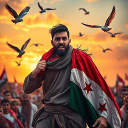 A young Syrian Shiite man passionately leading a movement for the liberation of his country, standing strong against a vibrant sunset backdrop, wearing traditional Syrian clothing with a flag draped around his shoulders