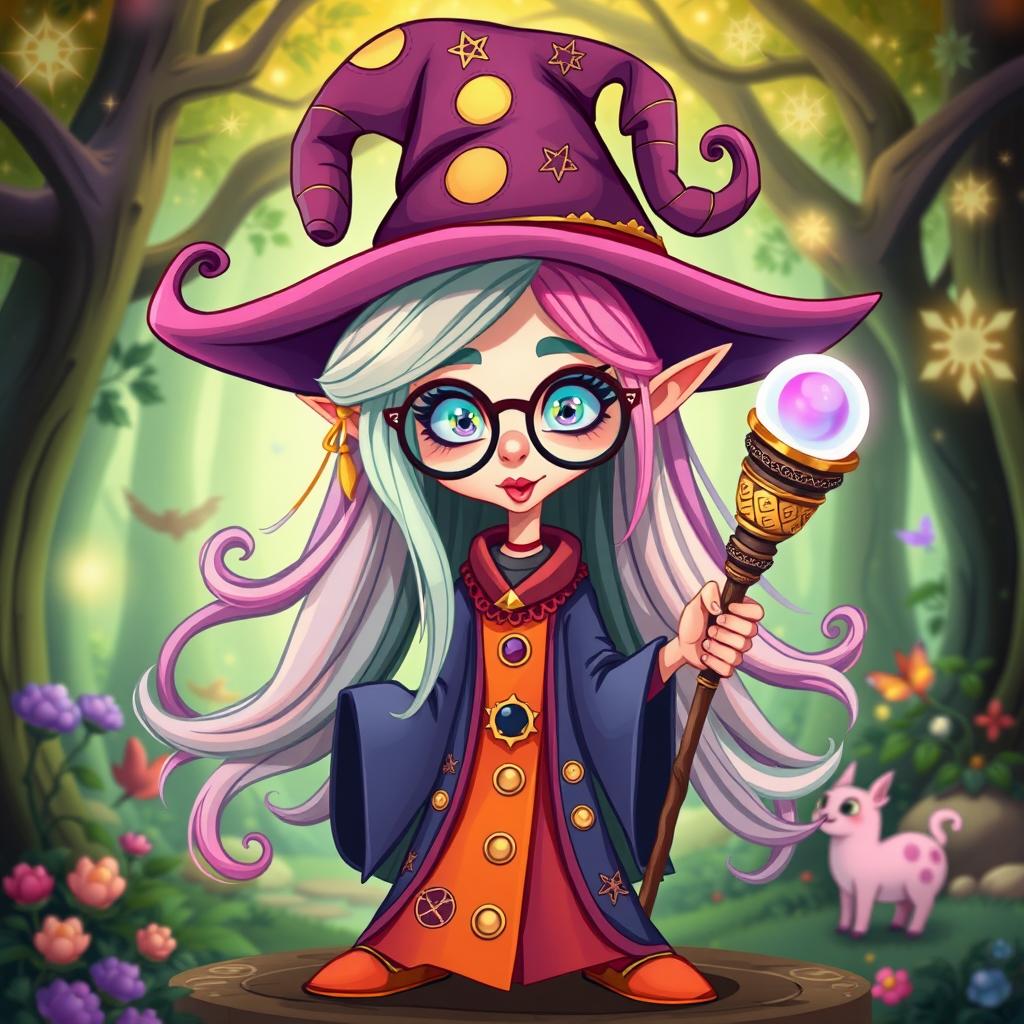 A whimsical cartoon character of a strange female wizard, featuring vibrant colors and exaggerated proportions