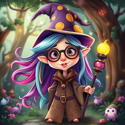 A whimsical cartoon character of a strange female wizard, featuring vibrant colors and exaggerated proportions