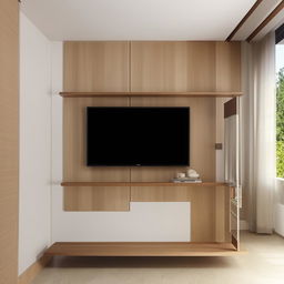 Design a 14ft x 10ft living room wall with a 3.5ft x 7ft entrance on the same wall, featuring a streamlined, simple TV unit.