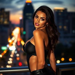 A sultry and alluring scene featuring a confident, attractive woman in a stylish, form-fitting outfit, exuding charm and sex appeal
