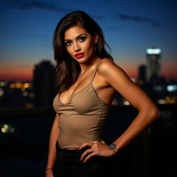 A sultry and alluring scene featuring a confident, attractive woman in a stylish, form-fitting outfit, exuding charm and sex appeal