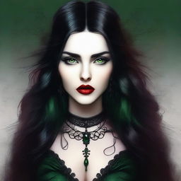 This is a high-quality digital art image showcasing a young woman with mesmerizing green eyes, jet black hair, and bold red lips