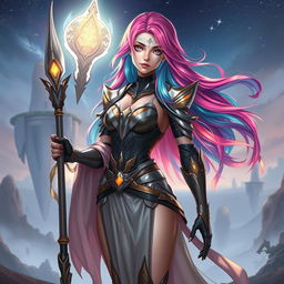 A captivating fictional character, adorned in a blend of futuristic and fantasy attire
