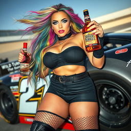 A wide angle photo of a beautiful, thick, curvy young woman with a thin face, showcasing her long, messy, multi-colored rainbow hair flowing freely