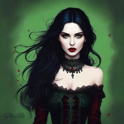 This is a high-quality digital art image showcasing a young woman with mesmerizing green eyes, jet black hair, and bold red lips