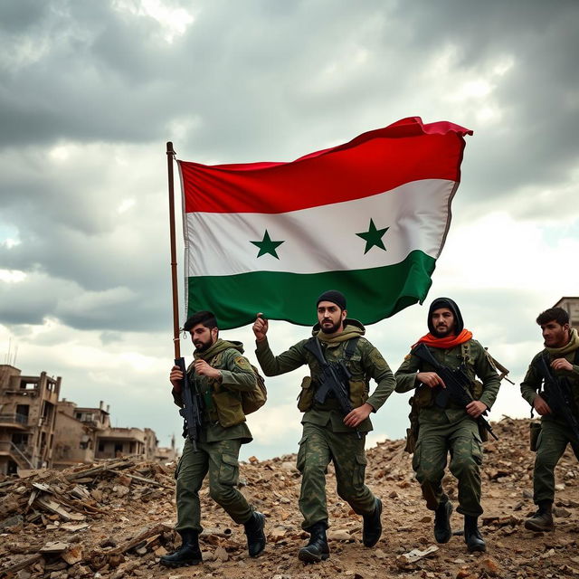 A dynamic and powerful scene of young Shia fighters liberating Syria while proudly carrying the flag of Bashar al-Assad's government