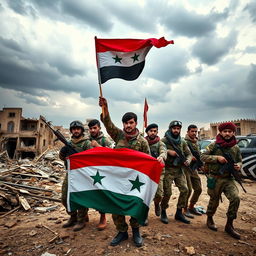 A dynamic and powerful scene of young Shia fighters liberating Syria while proudly carrying the flag of Bashar al-Assad's government