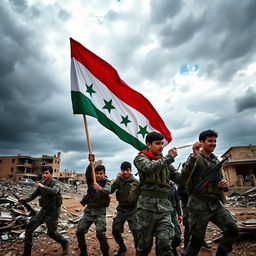 A dynamic and powerful scene of young Shia fighters liberating Syria while proudly carrying the flag of Bashar al-Assad's government