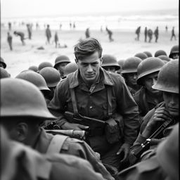 A black and white image of a soldier named Rick in the midst of American troops during the Normandy beach landing in 1944