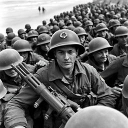 A black and white image of a soldier named Rick in the midst of American troops during the Normandy beach landing in 1944
