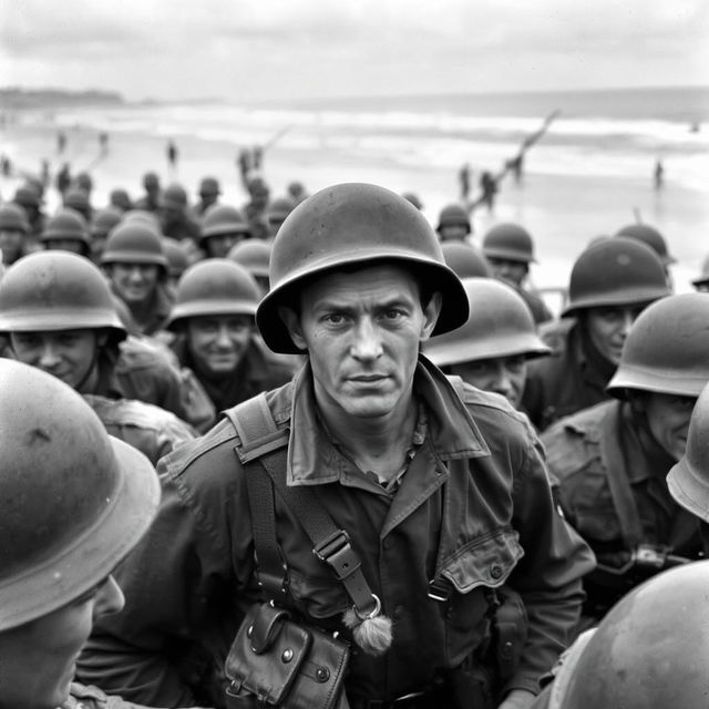 A black and white image of a soldier named Rick in the midst of American troops during the Normandy beach landing in 1944