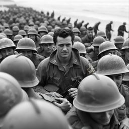 A black and white image of a soldier named Rick in the midst of American troops during the Normandy beach landing in 1944