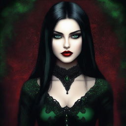 This is a high-quality digital art image showcasing a young woman with mesmerizing green eyes, jet black hair, and bold red lips