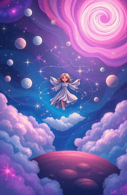 A whimsical scene depicting dream traveling, with a vibrant, swirling galaxy in the background filled with colorful stars and planets