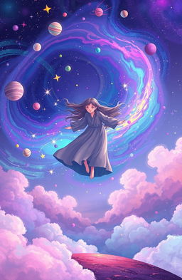 A whimsical scene depicting dream traveling, with a vibrant, swirling galaxy in the background filled with colorful stars and planets