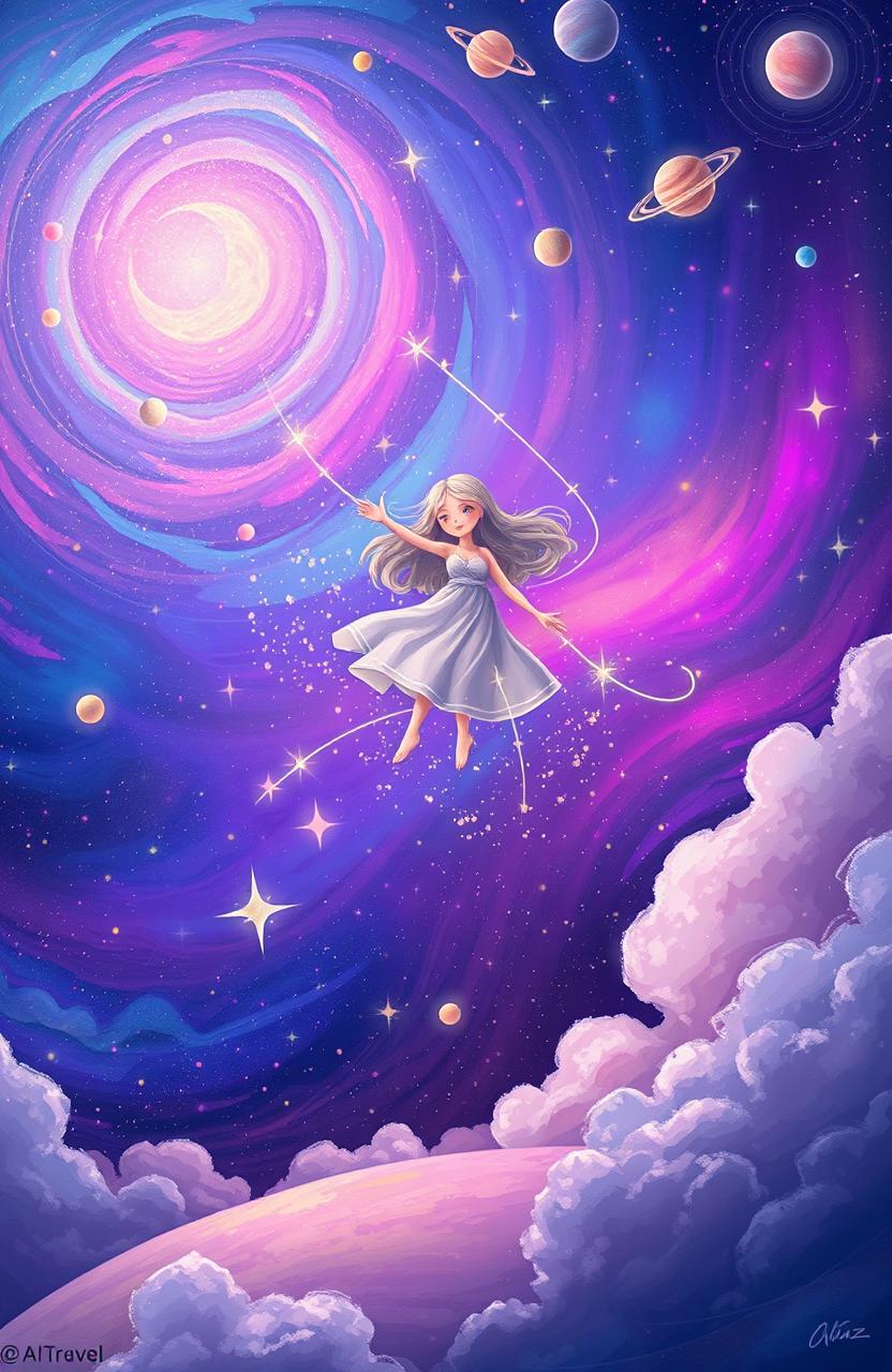 A whimsical scene depicting dream traveling, with a vibrant, swirling galaxy in the background filled with colorful stars and planets