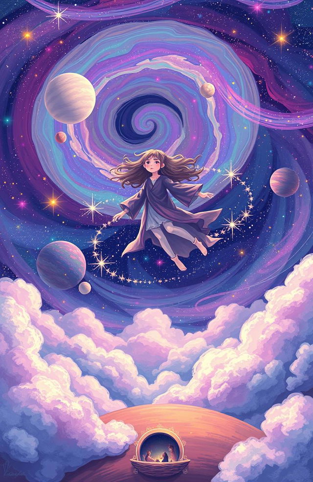 A whimsical scene depicting dream traveling, with a vibrant, swirling galaxy in the background filled with colorful stars and planets