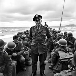 A black and white photograph of Rick standing in a US army ship on the Normandy beach in 1944, surrounded by soldiers