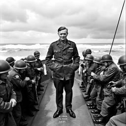 A black and white photograph of Rick standing in a US army ship on the Normandy beach in 1944, surrounded by soldiers