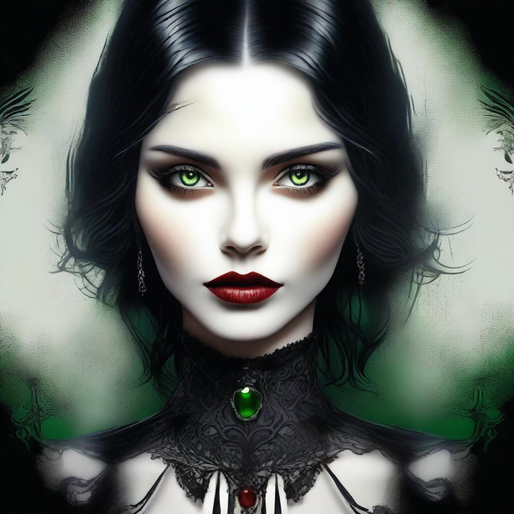 This is a high-quality digital art image showcasing a young woman with mesmerizing green eyes, jet black hair, and bold red lips