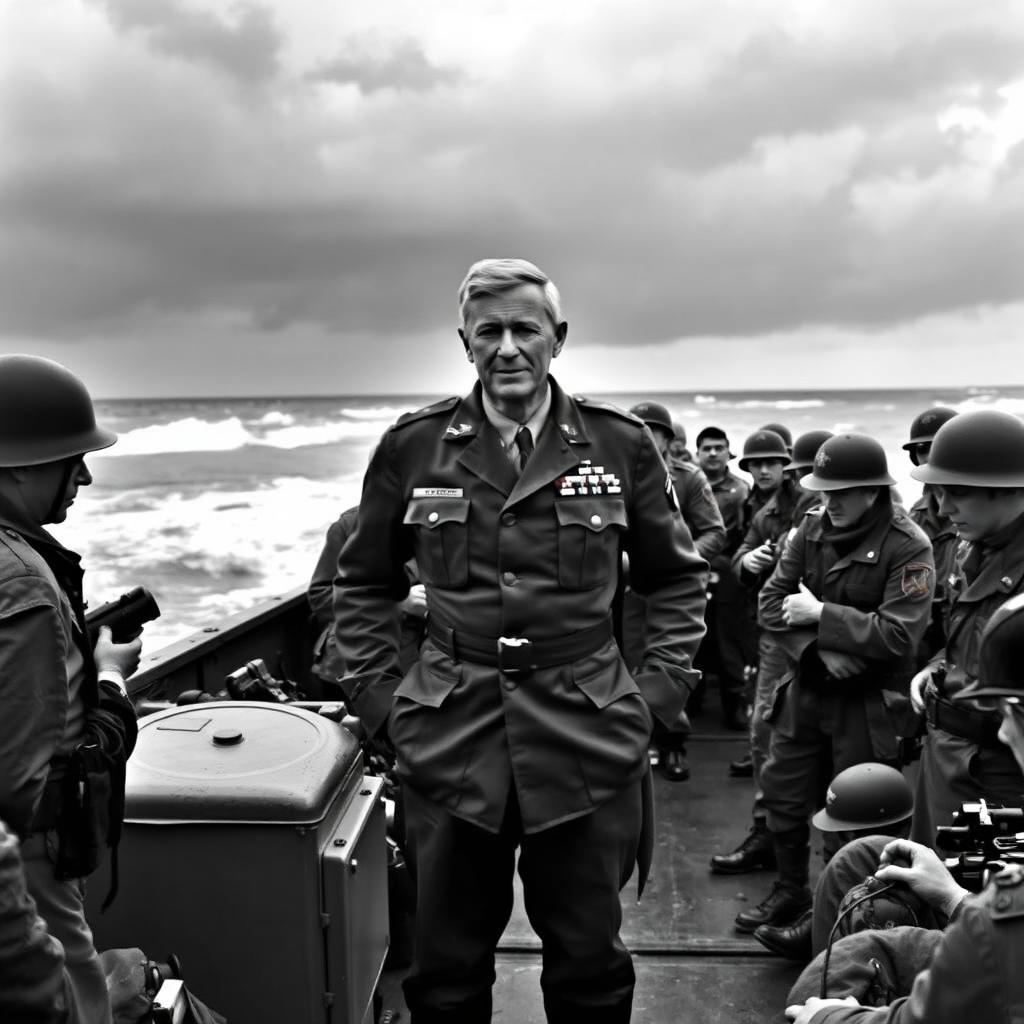 A black and white photograph of Rick standing in a US army ship on the Normandy beach in 1944, surrounded by soldiers