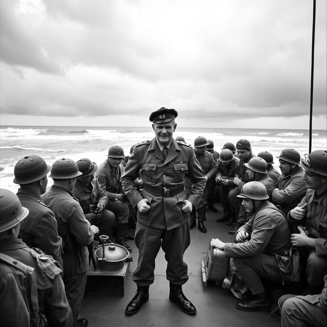 A black and white photograph of Rick standing in a US army ship on the Normandy beach in 1944, surrounded by soldiers