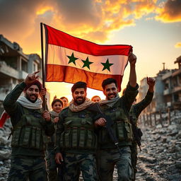 A group of young Shiite fighters liberating Syria, proudly waving the two-starred Syrian flag
