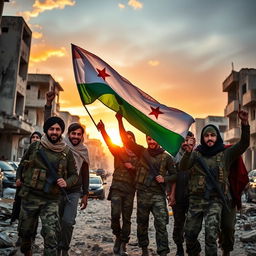 A group of young Shiite fighters liberating Syria, proudly waving the two-starred Syrian flag
