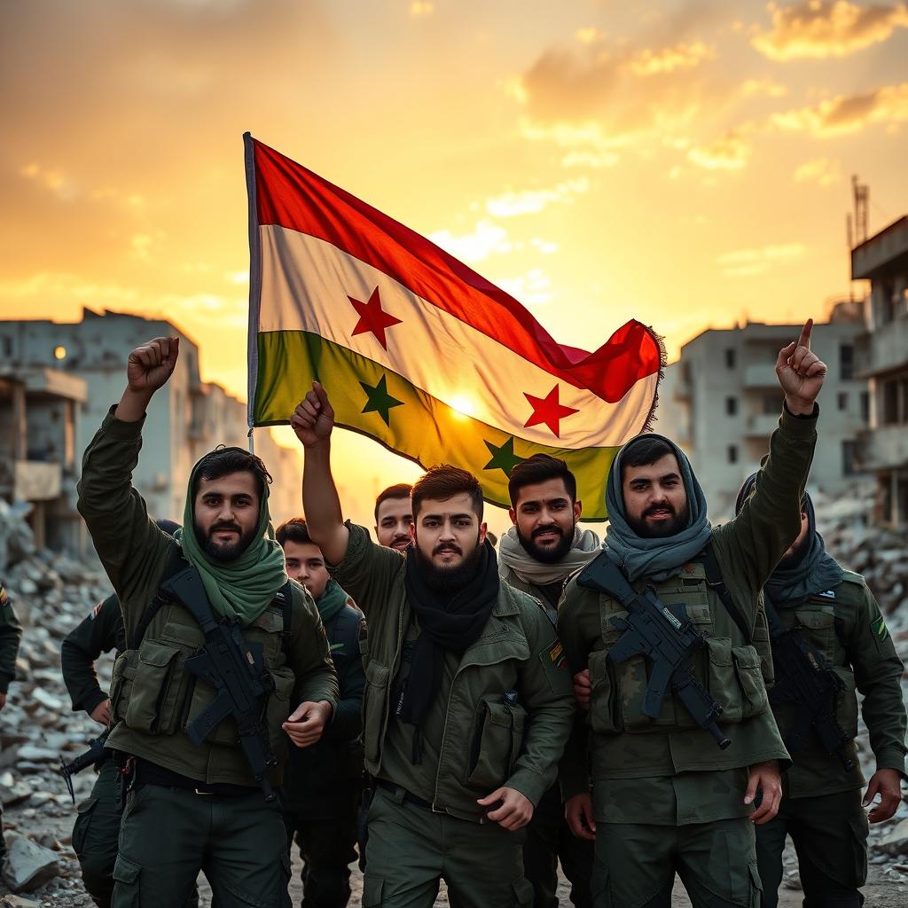 A group of young Shiite fighters liberating Syria, proudly waving the two-starred Syrian flag