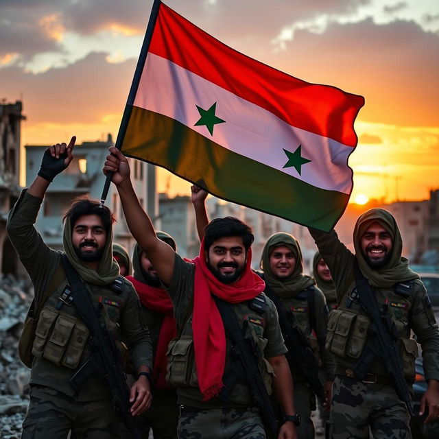 A group of young Shiite fighters liberating Syria, proudly waving the two-starred Syrian flag