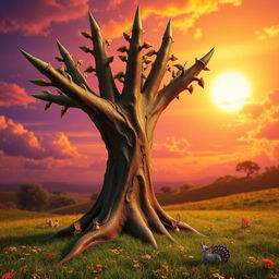 A vibrant and surreal representation of a fantastical finger-like jagged tree with sharp, elongated branches reaching towards the sky