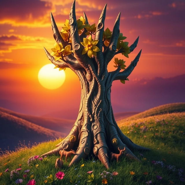 A vibrant and surreal representation of a fantastical finger-like jagged tree with sharp, elongated branches reaching towards the sky