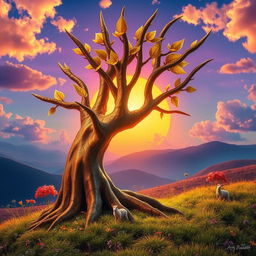 A vibrant and surreal representation of a fantastical finger-like jagged tree with sharp, elongated branches reaching towards the sky