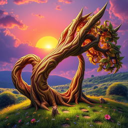 A vibrant and surreal representation of a fantastical finger-like jagged tree with sharp, elongated branches reaching towards the sky