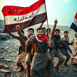 A group of young Shiite fighters passionately participating in a campaign to liberate Syria, holding vibrant flags emblazoned with 'Allahu Akbar' and the national flag of the Arab Republic of Syria