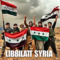 A group of young Shiite fighters passionately participating in a campaign to liberate Syria, holding vibrant flags emblazoned with 'Allahu Akbar' and the national flag of the Arab Republic of Syria