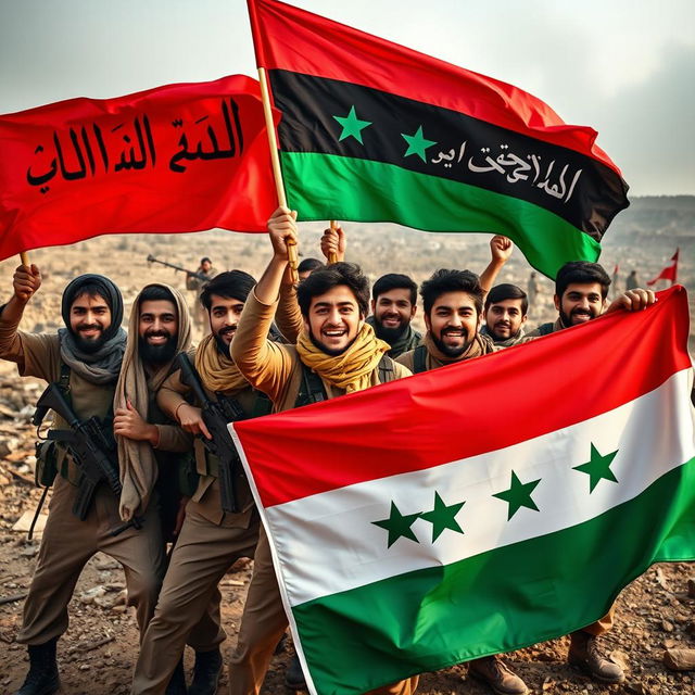 A group of young Shiite fighters passionately participating in a campaign to liberate Syria, holding vibrant flags emblazoned with 'Allahu Akbar' and the national flag of the Arab Republic of Syria