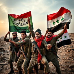 A group of young Shiite fighters passionately participating in a campaign to liberate Syria, holding vibrant flags emblazoned with 'Allahu Akbar' and the national flag of the Arab Republic of Syria