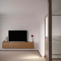 Design a 14ft x 10ft living room wall with a 3.5ft x 7ft entrance on the same wall, featuring a streamlined, simple TV unit.